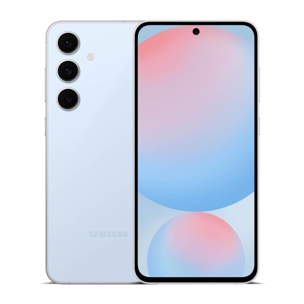 Front and back view of the Samsung Galaxy S24 FE in light blue color. The device features a sleek design with a 6.7-inch display, a centered punch-hole front camera, and a triple-lens rear camera system arranged vertically on the back.