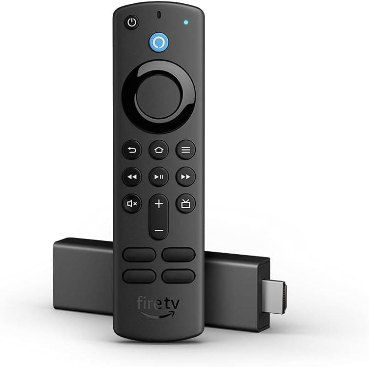 Amazon Fire TV Stick 4K with its Alexa-enabled remote control featuring voice commands, volume controls, and playback buttons, along with the compact streaming device designed for easy connectivity to TVs.