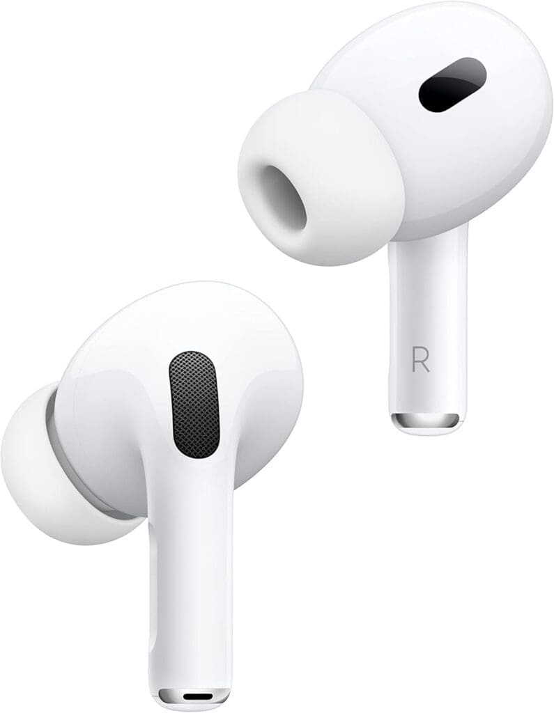 Apple AirPods Pro (2nd Generation) wireless earbuds featuring a sleek white design with soft silicone ear tips for a secure and comfortable fit, highlighting the advanced noise-canceling and immersive sound capabilities