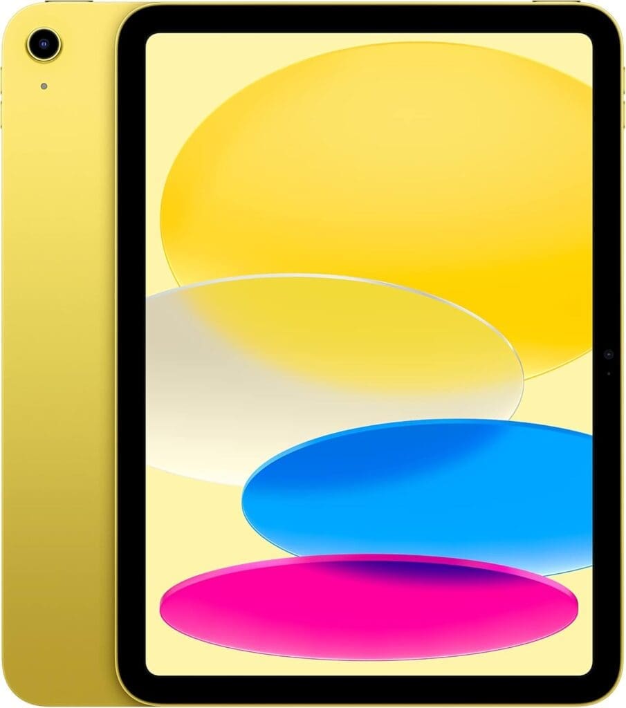 Apple iPad (10th Generation) in yellow color with a colorful display featuring overlapping ovals in yellow, blue, pink, and white, highlighting its modern design and vivid screen quality.