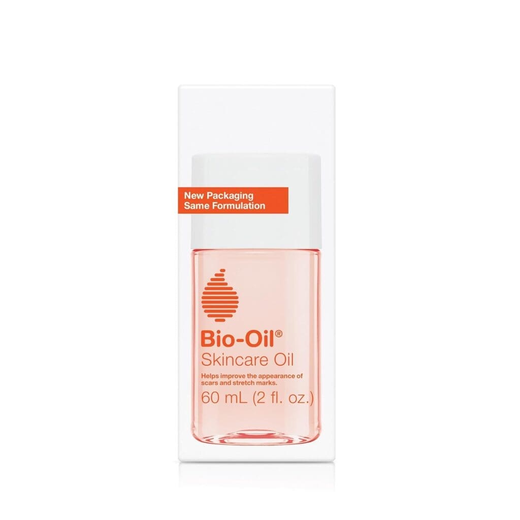 A 60 mL bottle of Bio-Oil Skincare Oil in its packaging, highlighting its new design while maintaining the same formulation, designed to improve the appearance of scars and stretch marks.