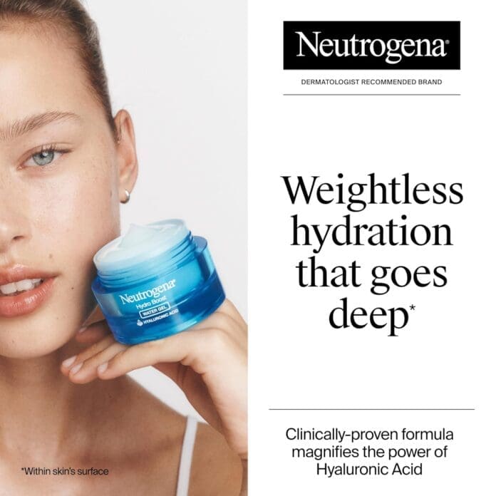 A promotional image for Neutrogena Hydro Boost Water Gel featuring a woman holding the product, emphasizing its lightweight hydration benefits and the power of hyaluronic acid for deep skin hydration.