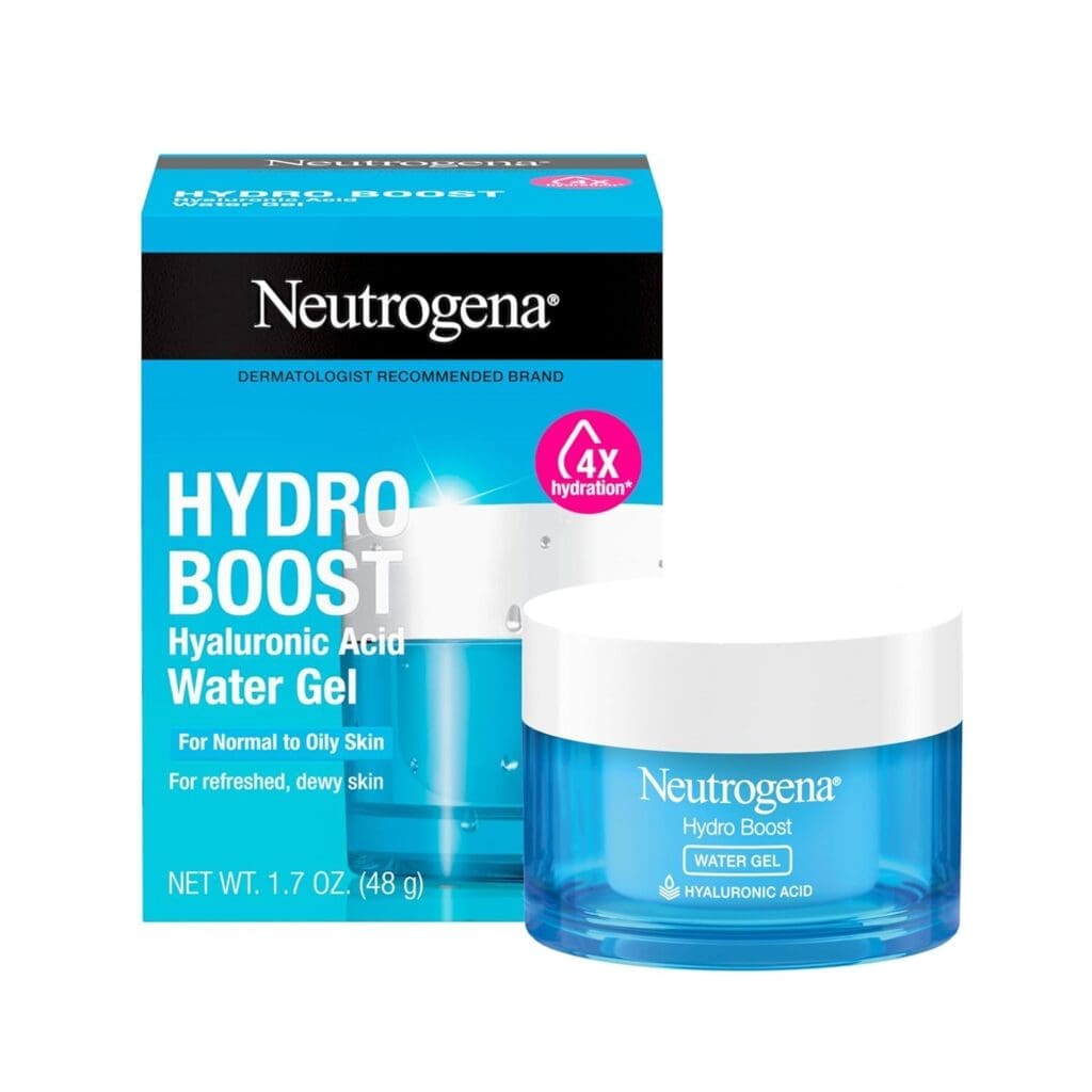 Neutrogena Hydro Boost Water Gel with Hyaluronic Acid displayed alongside its packaging, highlighting its hydration benefits for normal to oily skin, promising refreshed and dewy skin.