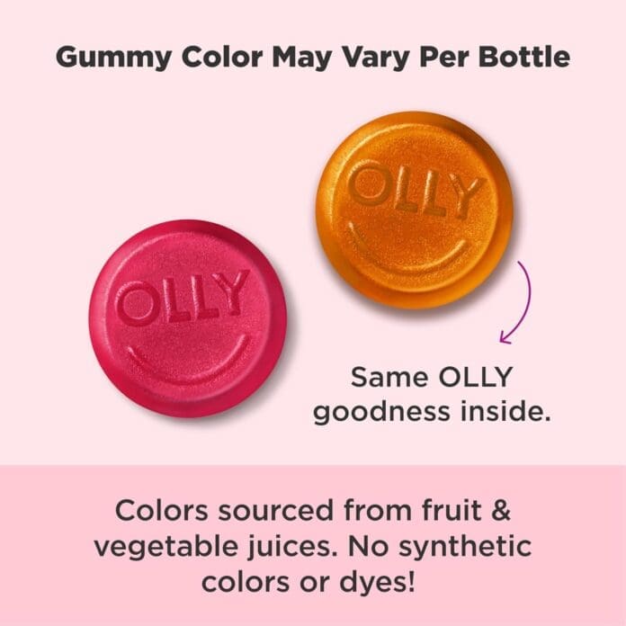 Two OLLY gummies in orange and red shades, with text highlighting that gummy colors may vary per bottle and are sourced from fruit and vegetable juices without synthetic colors or dyes.