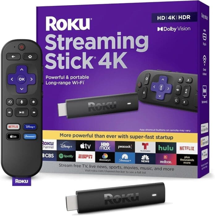 Roku Streaming Stick 4K packaging displayed alongside the streaming device and its remote control, highlighting features such as Dolby Vision, long-range Wi-Fi, and compatibility with popular streaming platforms like Netflix, Disney+, HBO Max, and Apple TV+.