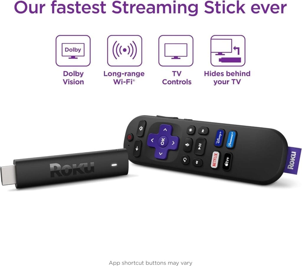 Roku Streaming Stick 4K shown with its remote control, emphasizing features like Dolby Vision, long-range Wi-Fi, TV controls, and a compact design that hides behind the TV, promoting its fastest streaming capabilities.