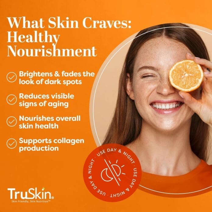 A smiling woman holding a slice of orange to her eye, promoting TruSkin skincare benefits like brightening dark spots, reducing signs of aging, nourishing skin health, and supporting collagen production, with an orange-themed background and product details.