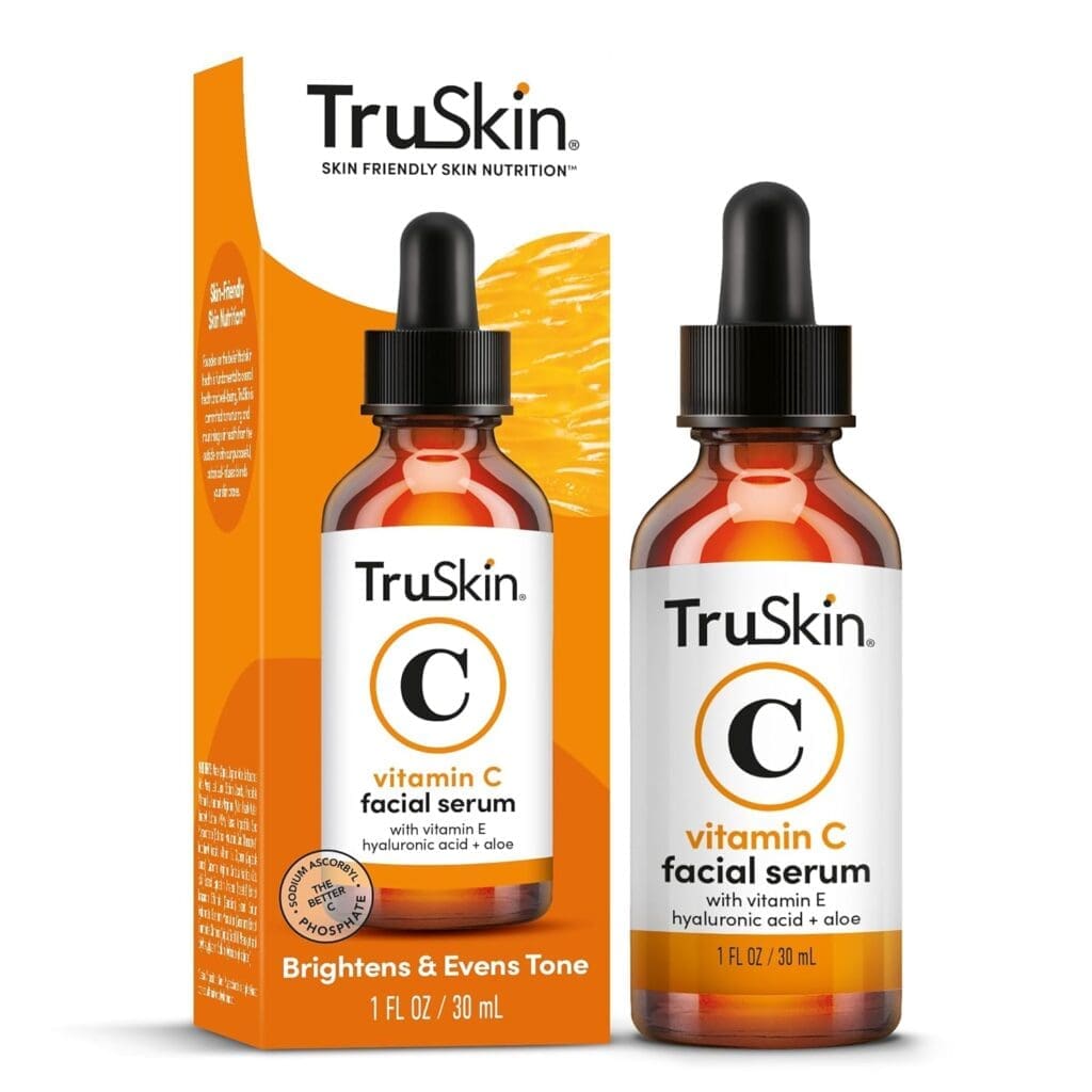 TruSkin Vitamin C Facial Serum with Vitamin E, hyaluronic acid, and aloe, displayed alongside its packaging, emphasizing its benefits for brightening skin tone and evening complexion.