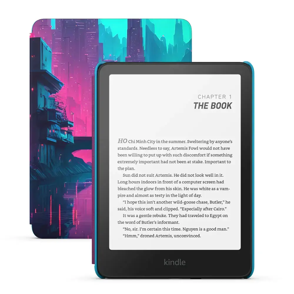 A Kindle Paperwhite e-reader with a 7-inch display, showing an excerpt from a book. The device has a black front with a thin bezel and is accompanied by a colorful protective case featuring a futuristic cityscape design in pink and blue tones.

