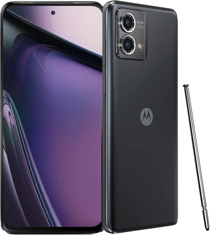 A composite view of the Motorola Moto G Stylus 5G (2023), showing both the front and back. The rear features a dual-camera system with a 50MP main sensor and an LED flash, along with the Motorola logo. The stylus is displayed separately to highlight its inclusion.