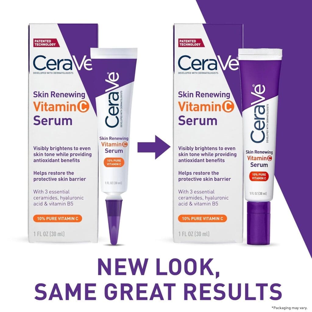 A side-by-side comparison of the old and new packaging of the CeraVe Skin Renewing Vitamin C Serum. The old packaging features a white tube with a purple cap, while the new packaging has a more streamlined design with a purple top. Both boxes highlight the product's key benefits, including brightening the skin and restoring the skin barrier. The text at the bottom reads "NEW LOOK, SAME GREAT RESULTS."