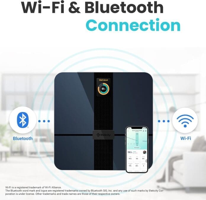 Etekcity smart scale with Wi-Fi and Bluetooth connectivity, featuring a sleek black design and a digital display, with a smartphone app syncing weight data for tracking progress and fitness goals.