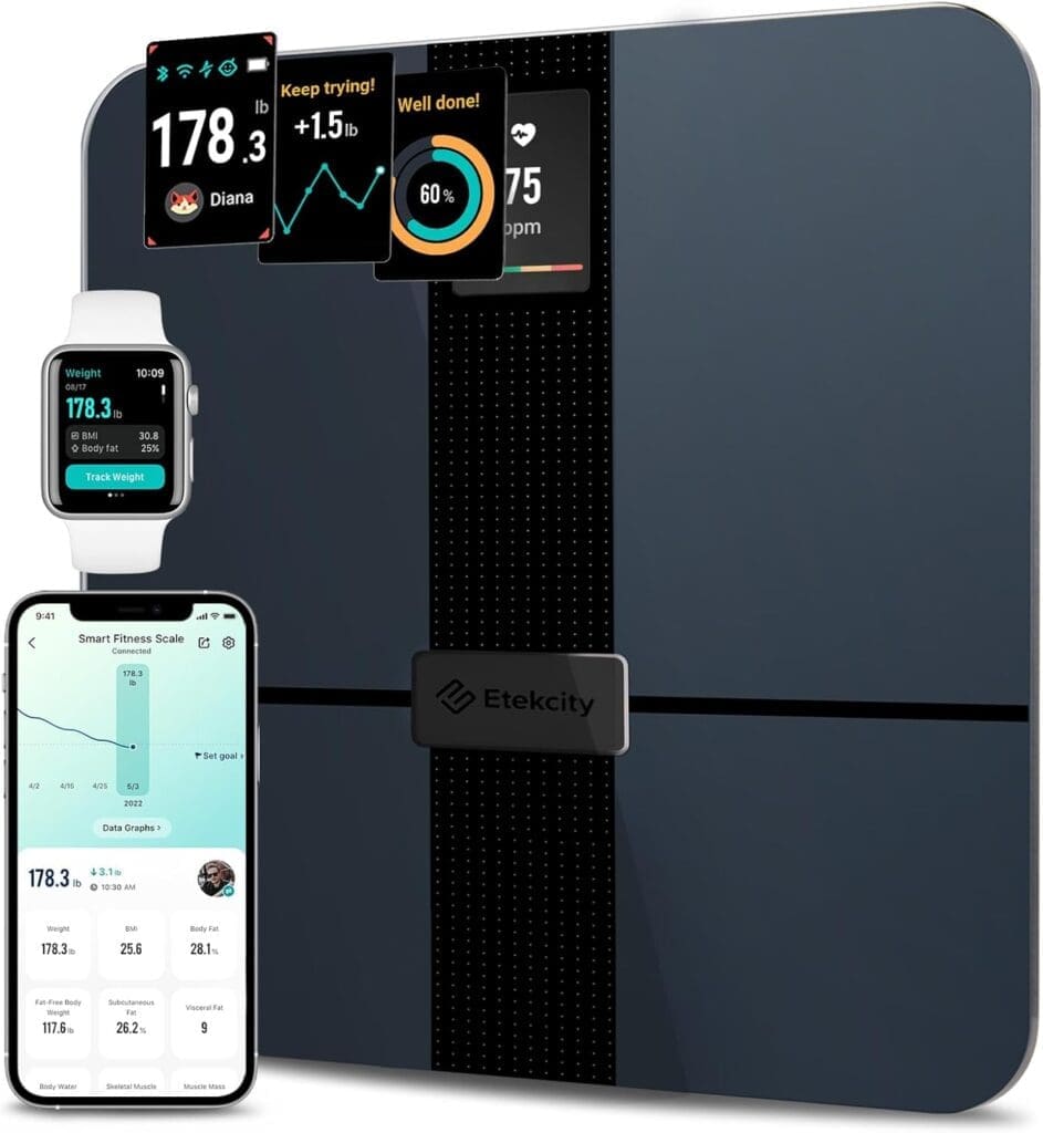 Etekcity smart scale with a built-in digital display showing weight, BMI, and heart rate, synced with a smartphone and smartwatch for real-time fitness tracking and health monitoring.