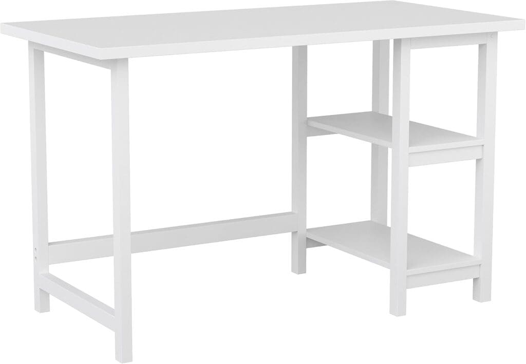 A minimalistic white trestle desk with a spacious work surface and two built-in shelves for extra storage. The desk's simple and elegant design complements various home and office decor styles.