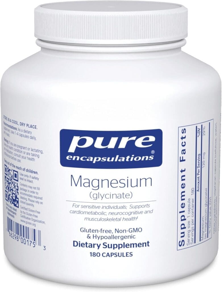 A bottle of Pure Encapsulations Magnesium Glycinate dietary supplement containing 180 capsules, labeled as gluten-free, non-GMO, and hypoallergenic, supporting cardiometabolic, neurocognitive, and musculoskeletal health.