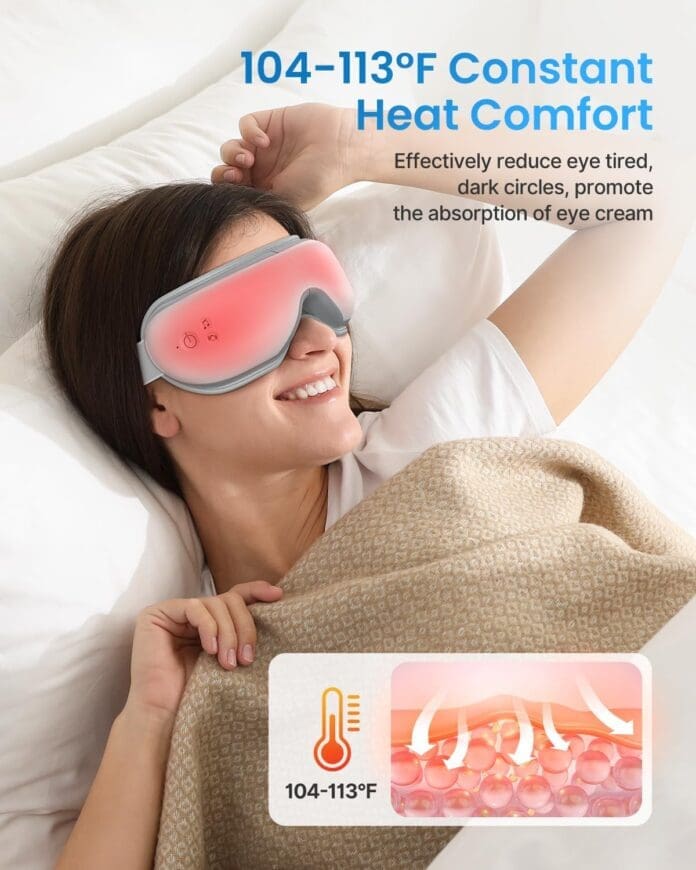 A woman lying in bed wearing a RENPHO heated eye massager, which provides a constant heat range of 104-113°F, designed to reduce eye fatigue, dark circles, and promote the absorption of eye cream.