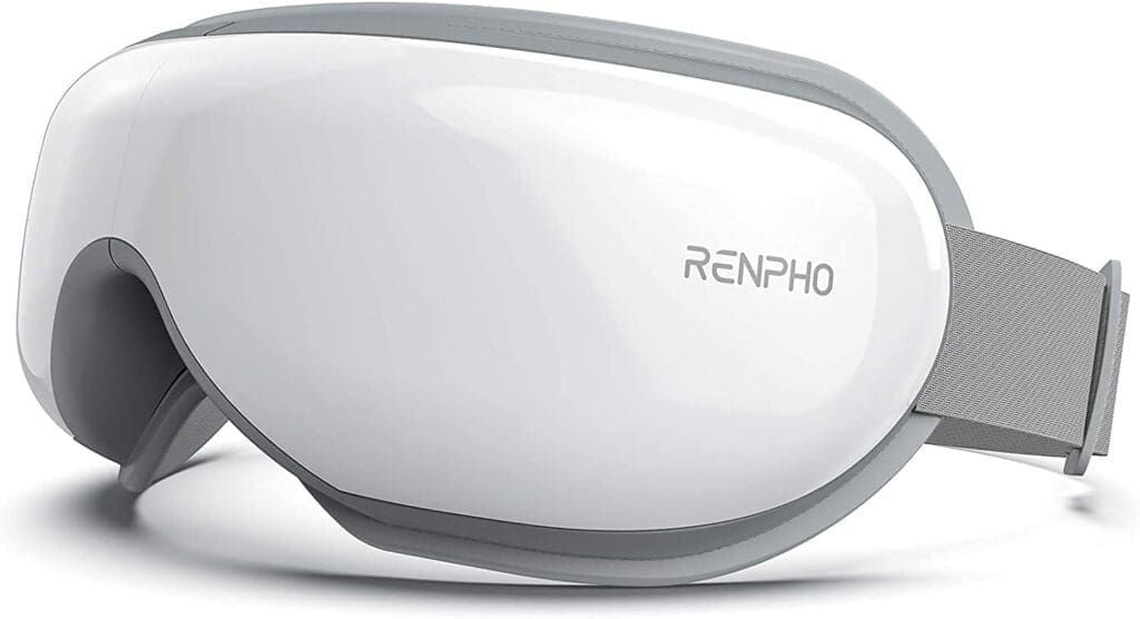 A close-up of the RENPHO Eyeris 1 eye massager in white and gray, featuring an adjustable head strap and a sleek design for relaxation and eye strain relief.