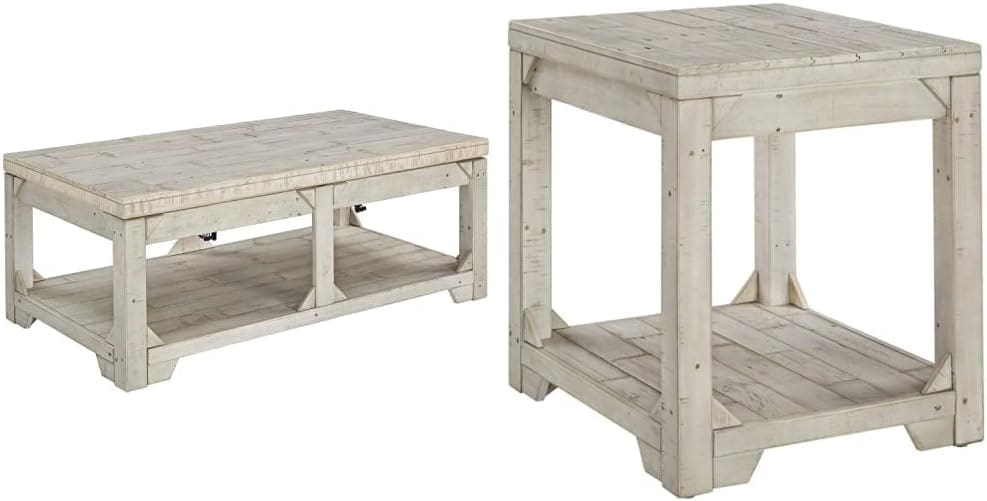 A matching set of farmhouse-style wooden tables, including a lift-top coffee table and an end table, both featuring a distressed white wood finish and lower storage shelves. The design exudes rustic charm, perfect for farmhouse or country-style home decor.